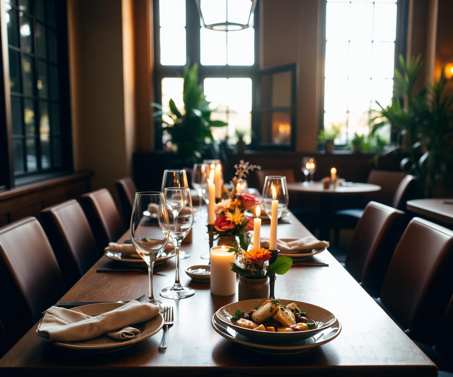 A warmly lit restaurant table set for a group dinner with candles and flowers